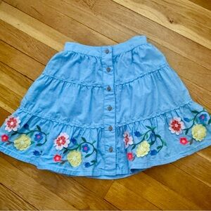 Mini Boden 5-6Y NWOT Blue Button-Front Tiered Midi Skirt with Floral Accents